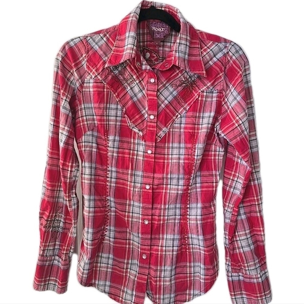 Roar Embroidered‎ Western Cowgirl Shirt Women L Pearl Snap Long Sleeve Red White